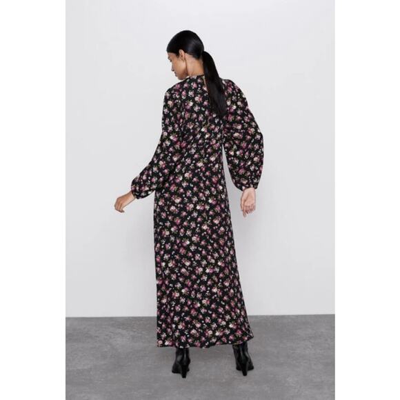 Zara Printed Long Sleeve Black Florals Midi Dress Size Small - Picture 4 of 15
